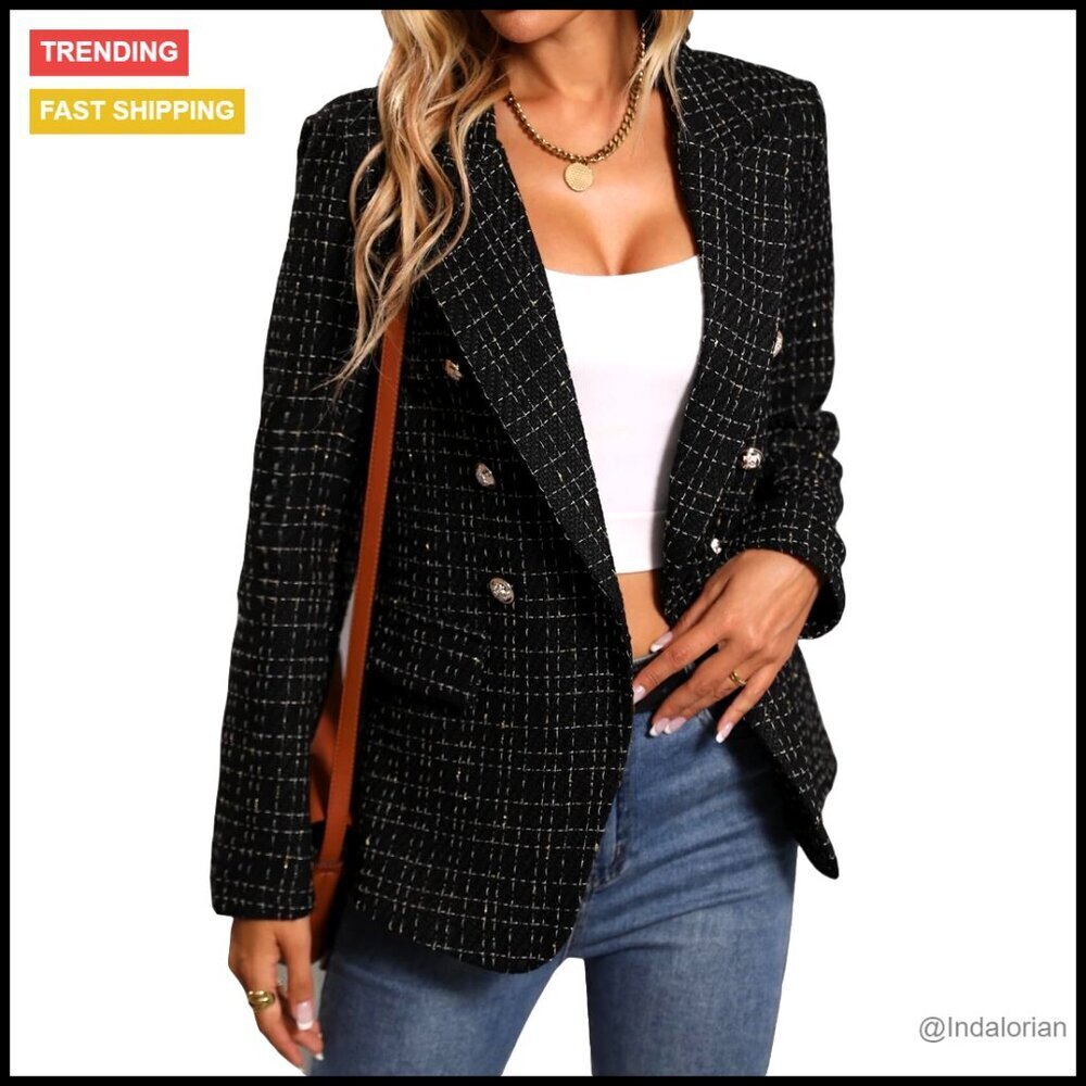 Tweed Plaid Blazer Jacket Fully Lined Business Casual Elegant Work Coat